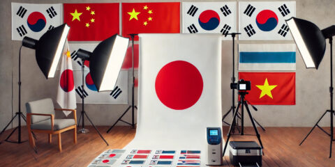 Studio photo avec drapeaux internationaux et équipement.