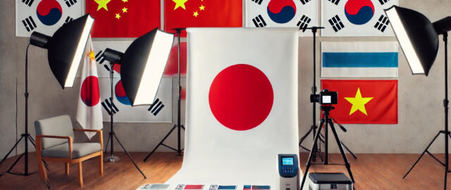 Studio photo avec drapeaux asiatiques en arrière-plan.