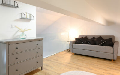 Salon moderne avec canapé et commode.