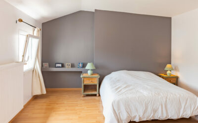 Chambre lumineuse avec lit double et murs gris.