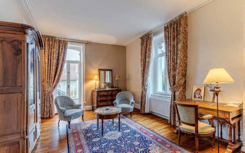 Salon élégant avec meubles anciens et tapis coloré.