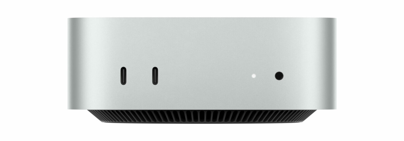 Mini ordinateur argenté avec ports USB-C.