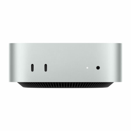 Mini ordinateur argenté avec ports USB-C.