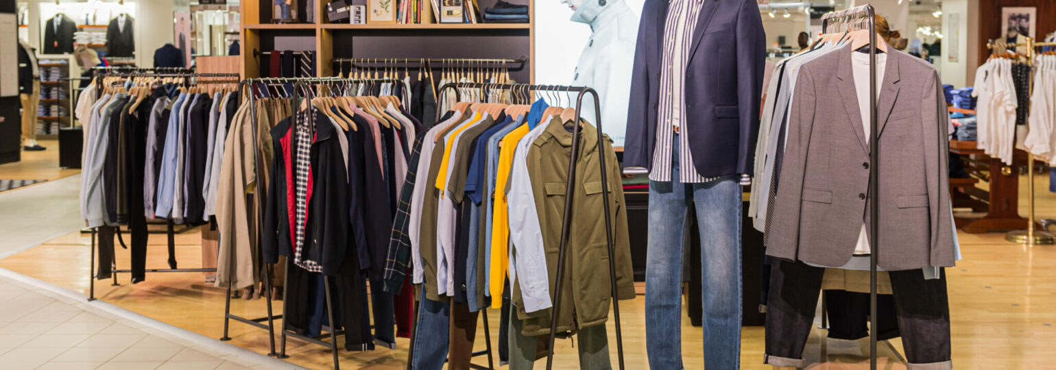 Magasin de vêtements Balibaris avec vêtements exposés.
