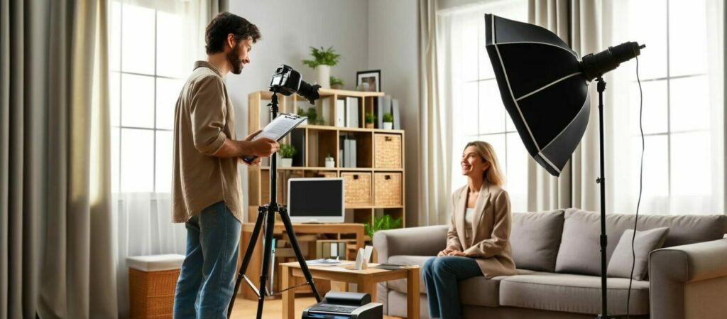 Photographe et modèle en séance photo studio.