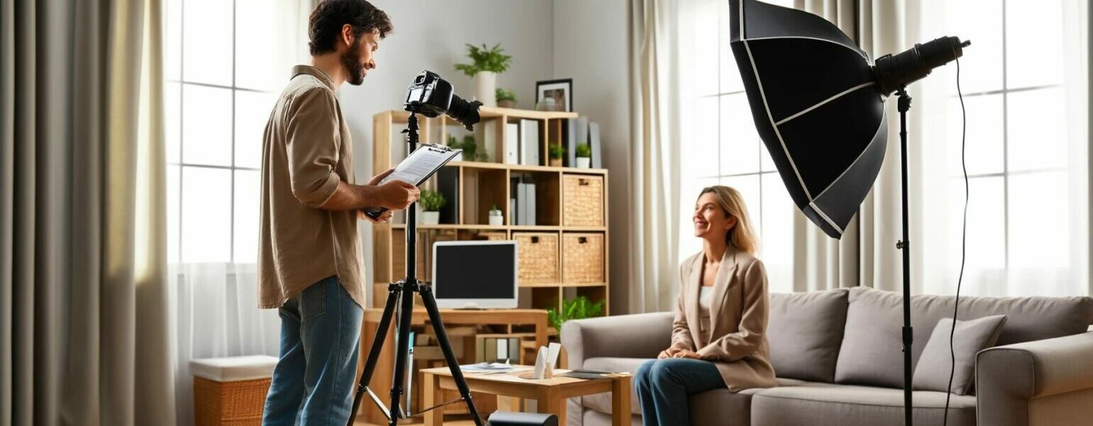 Photographe et modèle en séance photo studio.