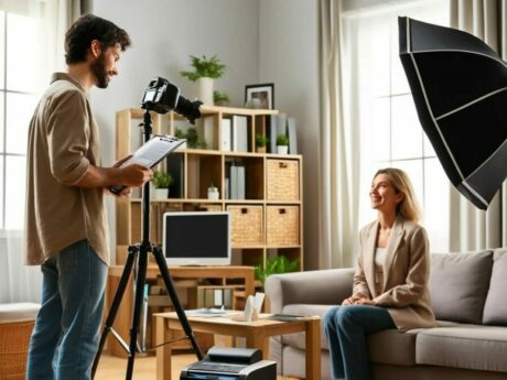Photographe et modèle en séance photo studio.