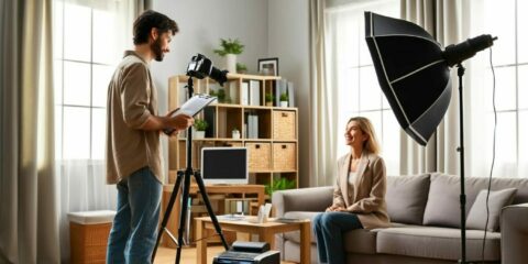 Photographe et modèle en séance photo studio.