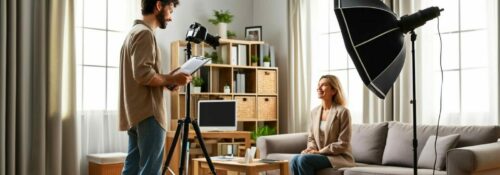 Photographe et modèle en séance photo studio.