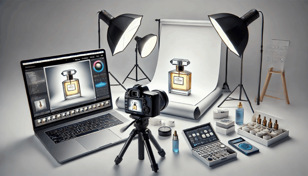 Studio photo de produit avec bouteille de parfum.