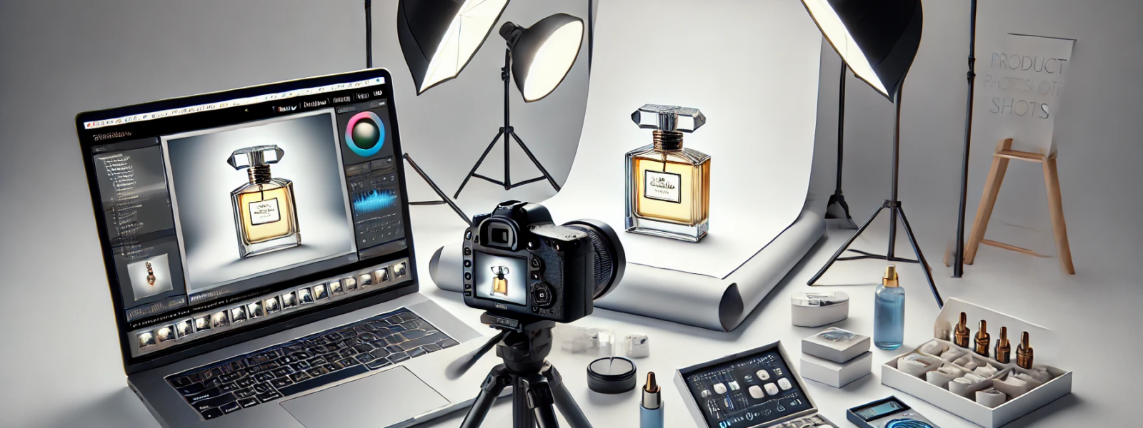 Studio photo de produit avec bouteille de parfum.