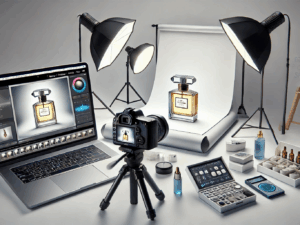 Studio photo de produit avec bouteille de parfum.
