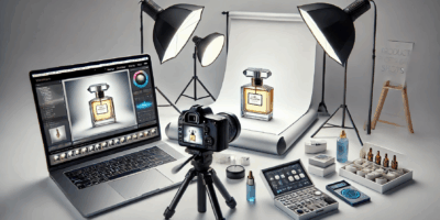 Studio photo de produit avec bouteille de parfum.