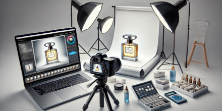 Studio photo de produit avec bouteille de parfum.