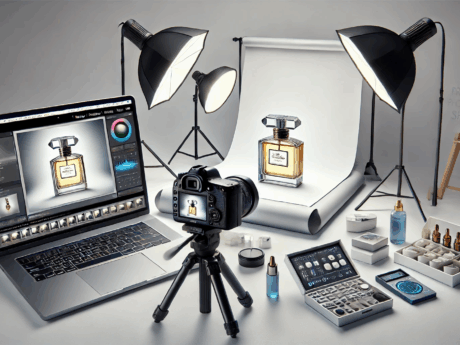 Studio photo de produit avec bouteille de parfum.