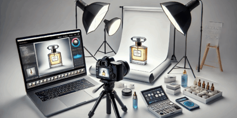 Studio photo de produit avec bouteille de parfum.