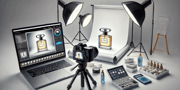 Studio photo de produit avec bouteille de parfum.