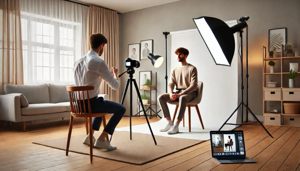 Séance photo en studio professionnel avec éclairage.