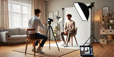 Séance photo en studio professionnel avec éclairage.