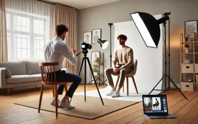 Séance photo en studio professionnel avec éclairage.