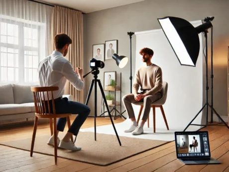 Séance photo en studio professionnel avec éclairage.