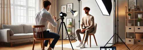 Séance photo en studio professionnel avec éclairage.