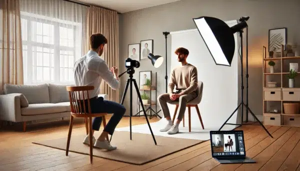 Séance photo en studio professionnel avec éclairage.