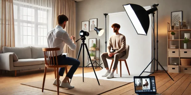 Séance photo en studio professionnel avec éclairage.