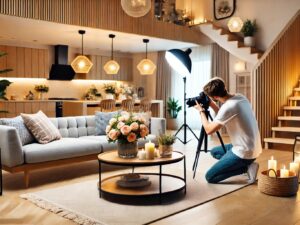 Photographe capturant un salon moderne et lumineux.