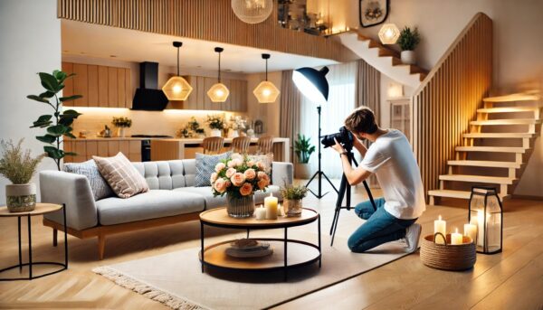 Photographe capturant un salon moderne et lumineux.