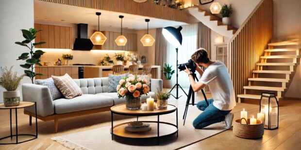 Photographe capturant un salon moderne et lumineux.