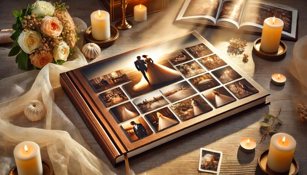 Album de mariage entouré de bougies et fleurs.