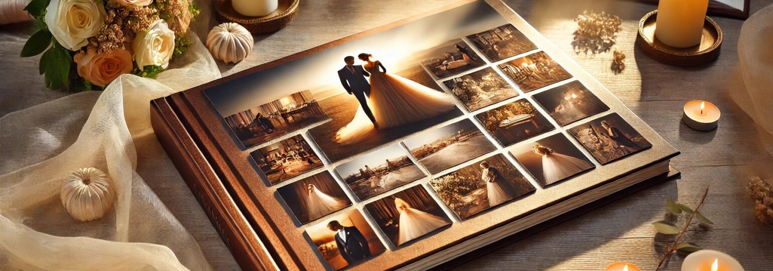 Album de mariage entouré de bougies et fleurs.