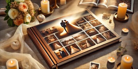 Album de mariage entouré de bougies et fleurs.