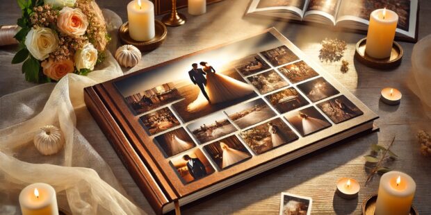 Album de mariage entouré de bougies et fleurs.