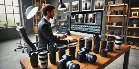 Photographe éditant des photos avec équipement photo.