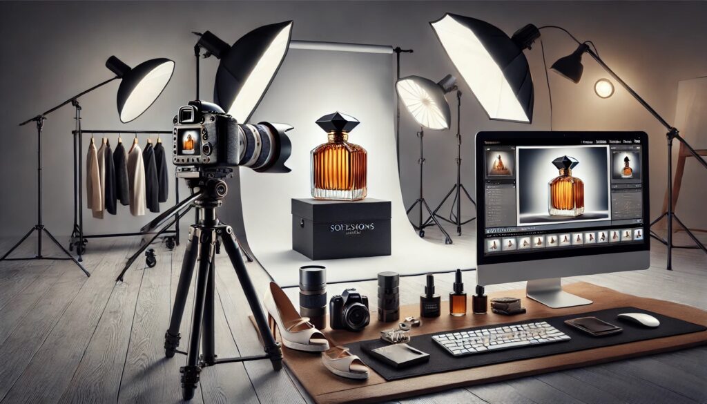 Studio photo avec bouteille de parfum.
