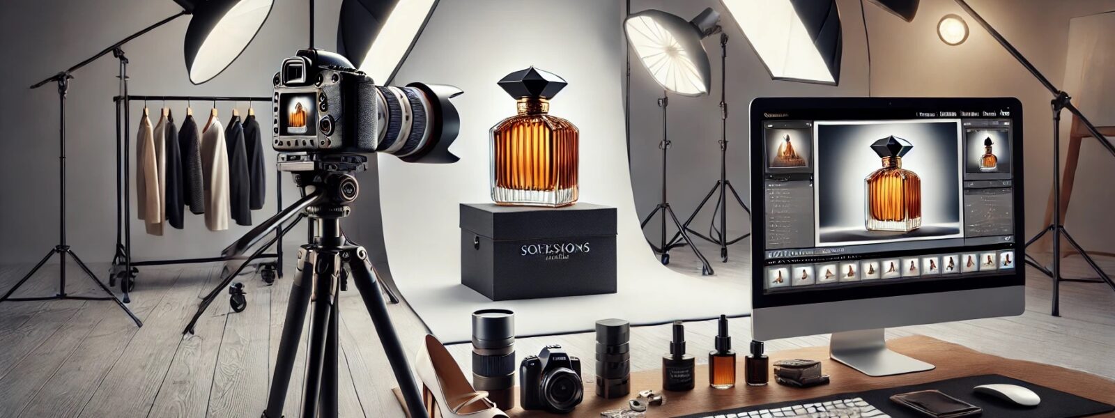 Studio photo avec bouteille de parfum.