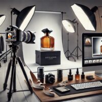 Studio photo avec bouteille de parfum.