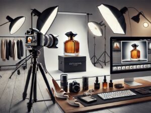 Studio photo avec bouteille de parfum.