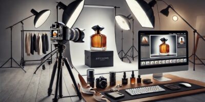 Studio photo avec bouteille de parfum.