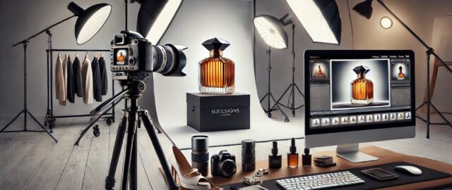 Studio photo avec bouteille de parfum.