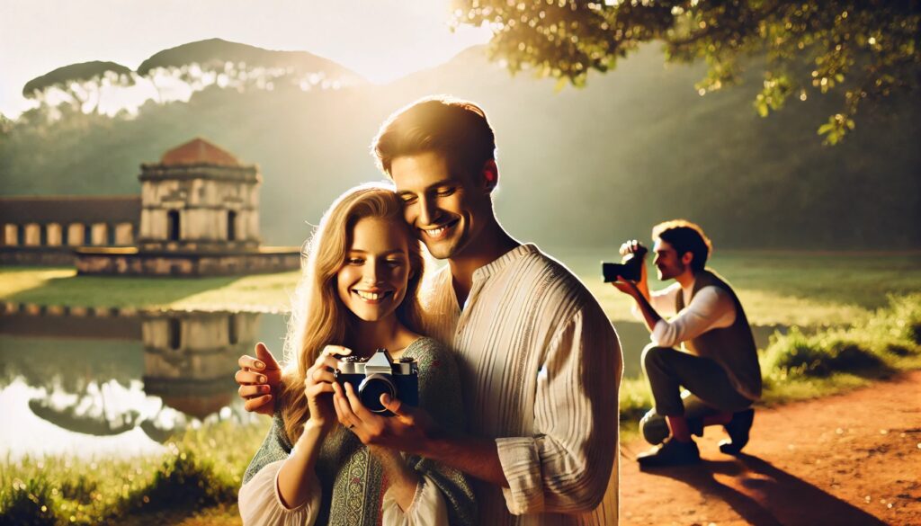 Couple souriant avec appareil photo au bord du lac.