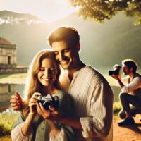 Couple souriant avec appareil photo au bord du lac.