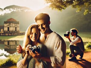 Couple souriant avec appareil photo au bord du lac.