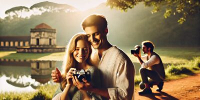 Couple souriant avec appareil photo au bord du lac.