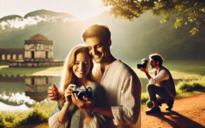 Couple souriant avec appareil photo au bord du lac.