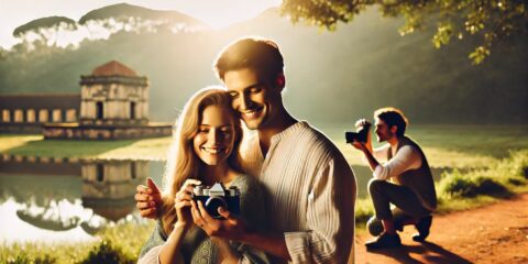Couple souriant avec appareil photo au bord du lac.