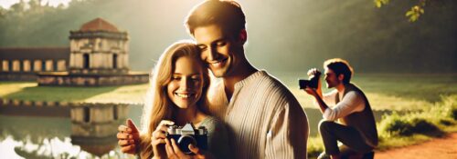 Couple souriant avec appareil photo au bord du lac.