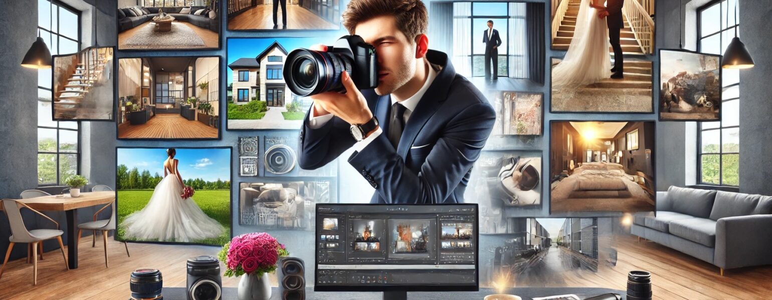 Photographe travaillant devant ordinateurs et photos affichées.